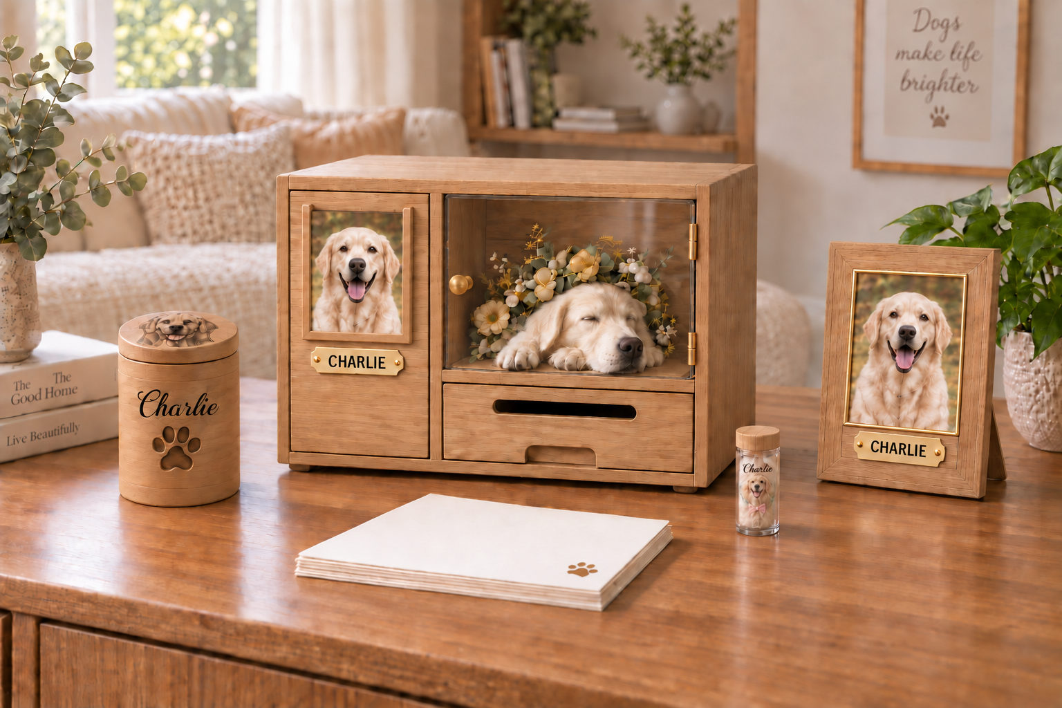 Solid wood Companion Pet Keepsake Box in a sunlit room, product illustration